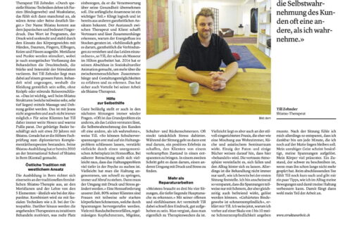 Zeitungsartikel über die Shiatsu-Praxis von Till Zehnder in Basel.