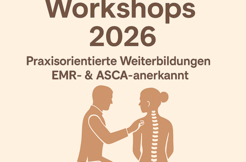 Beitragsbild Osteopathie-Workshops 2026 – Therapeut arbeitet mit Patientin, Wirbelsäulen-Illustration, EMR- und ASCA-anerkannte Weiterbildungen.