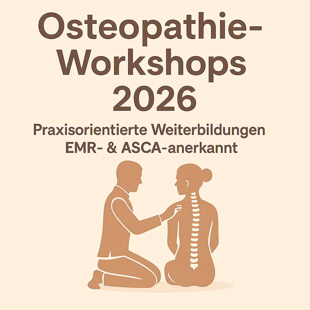 Beitragsbild Osteopathie-Workshops 2026 – Therapeut arbeitet mit Patientin, Wirbelsäulen-Illustration, EMR- und ASCA-anerkannte Weiterbildungen.