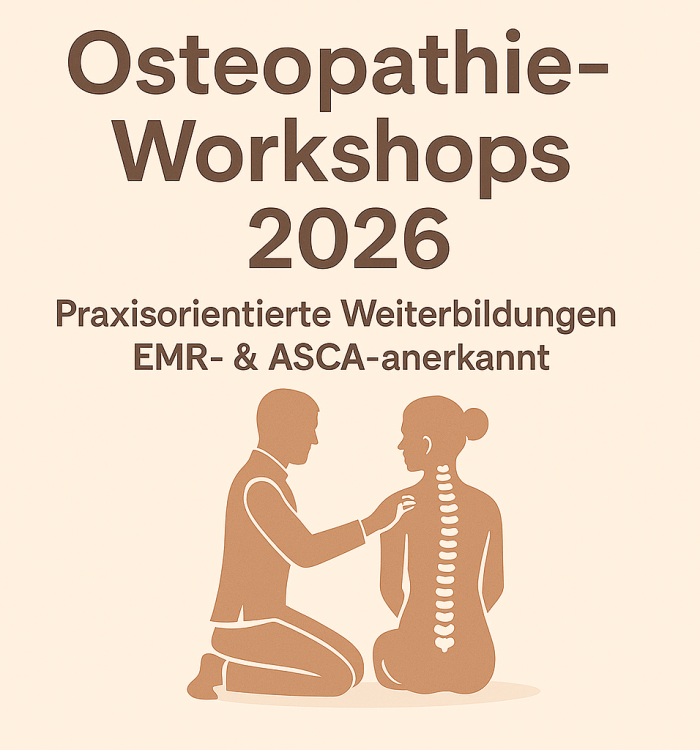 Beitragsbild Osteopathie-Workshops 2026 – Therapeut arbeitet mit Patientin, Wirbelsäulen-Illustration, EMR- und ASCA-anerkannte Weiterbildungen.