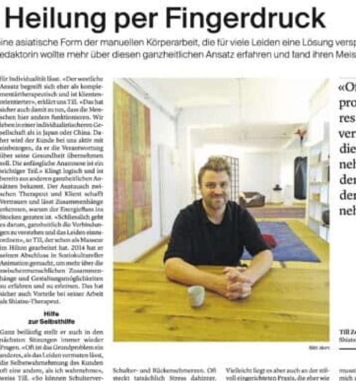 Zeitungsartikel über die Shiatsu-Praxis von Till Zehnder in Basel.
